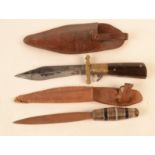 A Victorian folding sheath knife with horn grip and leather sheath, together with one other knife.