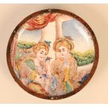 An 18th century Cantonese enamel miniature dish decorated with European ladies, diameter 4.