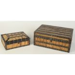 Two Anglo Indian ebonised porcupine quill work boxes, largest height 12.3cm, width 30th, depth 21cm.