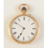 A plain 18ct gold cased open face keyless fob watch, in case of Page, Keen & Page Goldsmiths,
