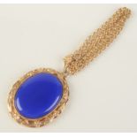 A heavy Cornish Stone Co. 9ct gold mounted chalcedony pendant on 9ct gold belcher link chain, 25.2g.