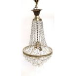 A cut glass and metal hanging ceiling light, height 66cm.