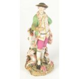 A Chelsea porcelain figure of a sportsman, circa 1760, with a dog at his feet, height 21.5cm.