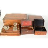 A Victorian oak ink stand, with a pair of cut glass inkwells and brass rail, height 12cm, width 33.