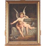 An oil on canvas of two angels, 19th century, 40 x 29.5cm and two prints.