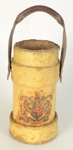 A yellow painted leather shell holder, decorated with a coat of arms, height 31.5cm, diameter 17cm.