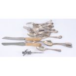 Queens pattern cutlery, a champagne tap and two bread knives with carved wood handles etc.