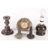 Miscellaneous Cornish serpentine, to include a candlestick, height 15cm, a lamp base,