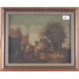 A Flemish oil on canvas painting of figures and a horse before a castle, framed and glazed, 27 x 34.