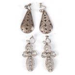 A pair of silver paste set earrings and one other pair of silver earrings.