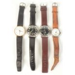 Two HMT military wristwatches each with black face together with a silver Trench case wristwatch