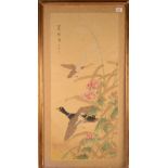 A Chinese painting on silk, with birds amongst foliage, character marks and red seal mark,