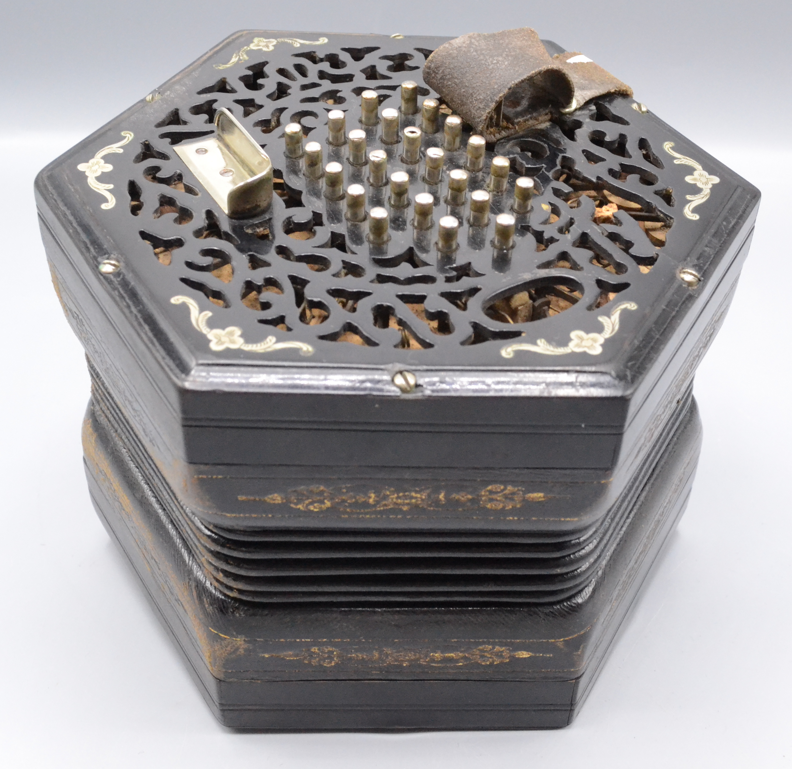 A Lachenal ebonised concertina, with 48 steel buttons, - Image 2 of 8