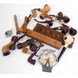Miscellaneous, to include a Tunbridge Ware cribbage board, an AA badge, a collection of pipes,