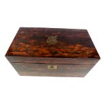 A Victorian coromandel tea caddy, the cover with brass inlaid monogram,