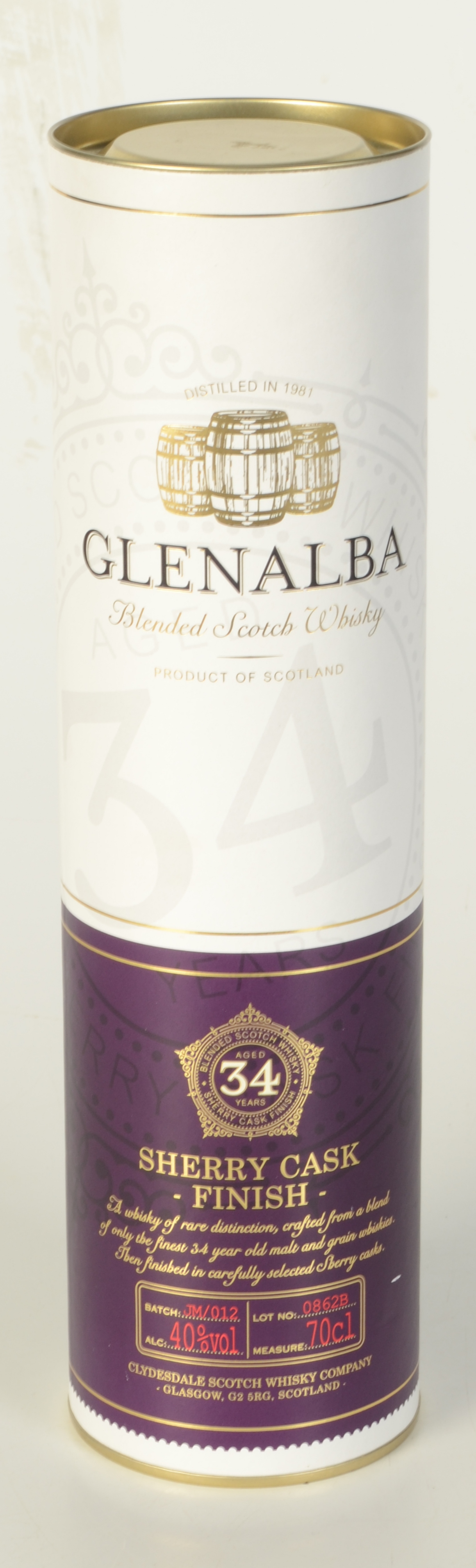 A Glenalba 34 year old blended Scotch whisky, in original tube, 70cl, 40% vol.