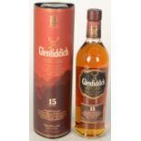 A Glenfiddich 15 years old single malt Scotch whisky, 70cl, 40% vol, in original tube.