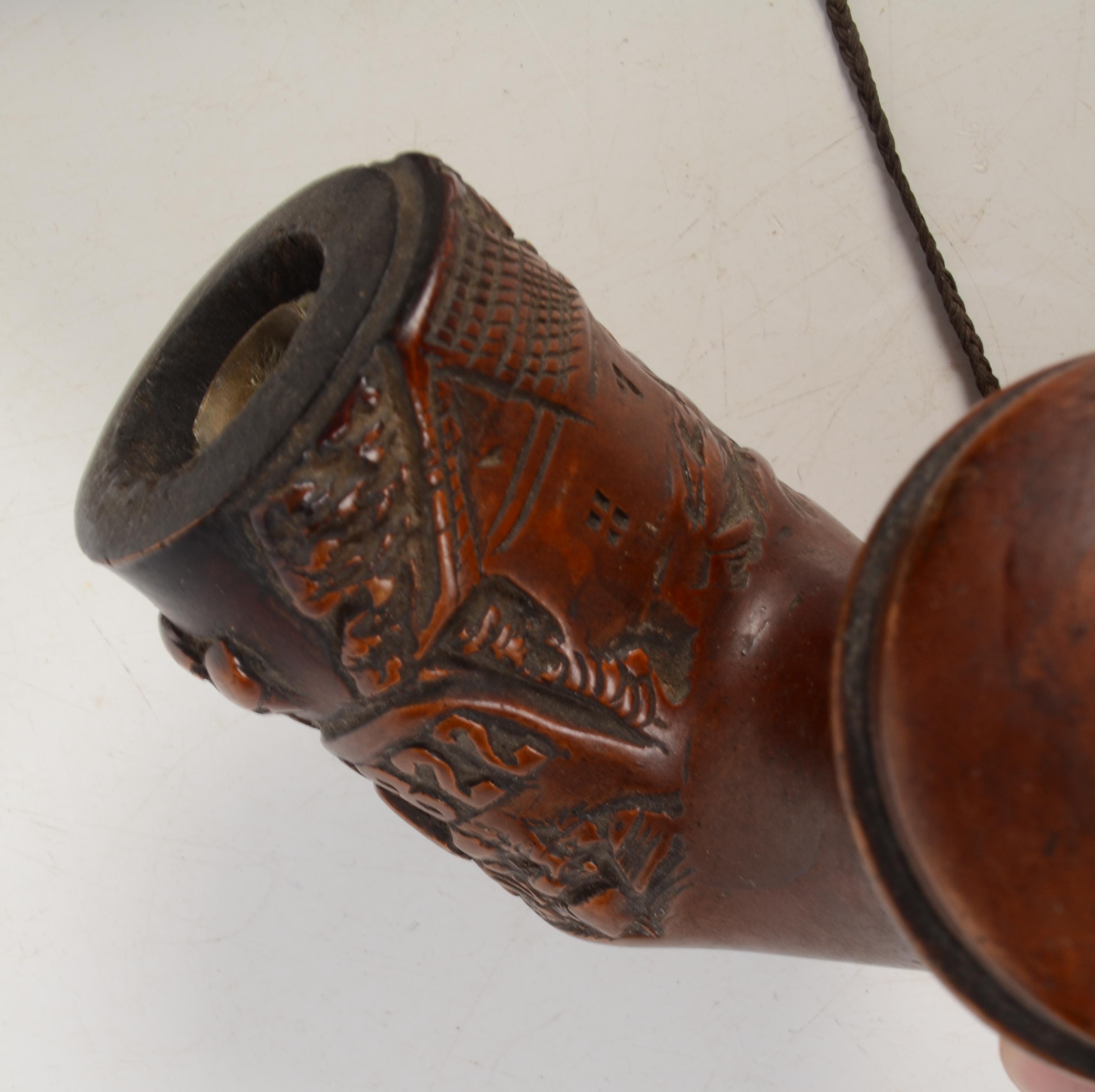 A wooden pipe, possibly Swiss, carved with a house and a dog and dated 1822, height 11cm. - Image 3 of 4