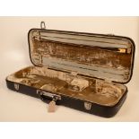 A double violin case, velvet lined, height 11cm, length 80cm, depth 30cm, and a bow.