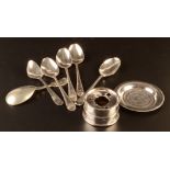 Four Georgian spoons, one other silver spoon, an Eastern silver dish,