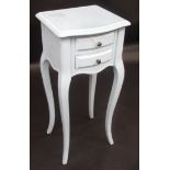 A blue painted bedside chest, with two drawers on curve linear legs, height 76cm, width 34cm,