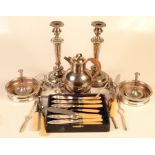 Miscellaneous silver plate to include a pair of candlesticks, a set of six lobster forks,