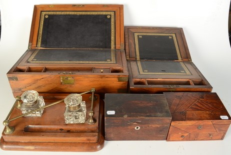 A Victorian oak ink stand, with a pair of cut glass inkwells and brass rail, height 12cm, width 33. - Image 2 of 2
