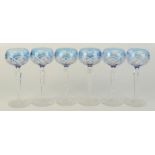 A set of six blue flashed hock glasses, height 19.5cm.