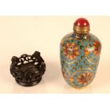 A Chinese 18th century style cloisonne snuff bottle, height 7.8cm excluding hardwood stopper.