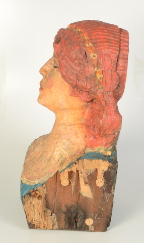 A reproduction painted carved wood figurehead of a female, height 50cm, width 23cm, depth 24cm. - Image 2 of 2