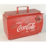 A Coca Cola vendor's insulated box, with carrying handle and Coca Cola bottle opener.