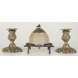 A Victorian EPNS honey pot in moulded glass formed as a skep its stand and lid mounted with bees,