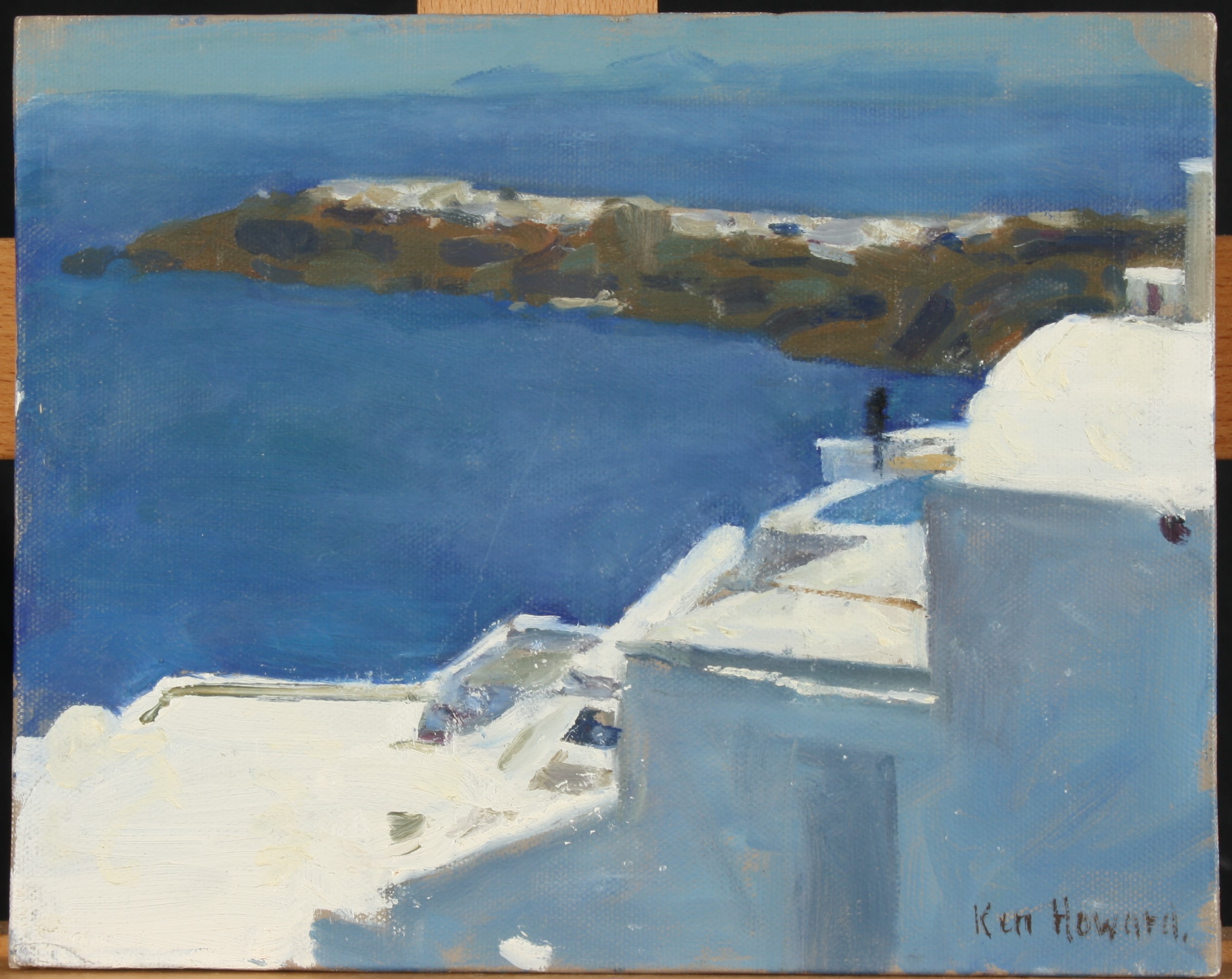 Ken HOWARD R A (1932) Santorini, July 2006 Oil on board Signed Inscribed to the back 20.5 x 25.