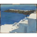 Ken HOWARD R A (1932) Santorini, July 2006 Oil on board Signed Inscribed to the back 20.5 x 25.