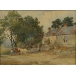 Henry John Sylvester STANNARD (1870-1951) Cottage with horses and chickens Watercolour Indistinctly