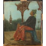 Burmese man seated beneath a canopy, in the distance a temple Oil on canvas Indistinctly signed 35.