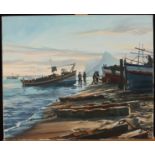 Geoffrey HUBAND (1945) Fishing fleet returning to shore Oil on canvas Signed 50 x 61 cm