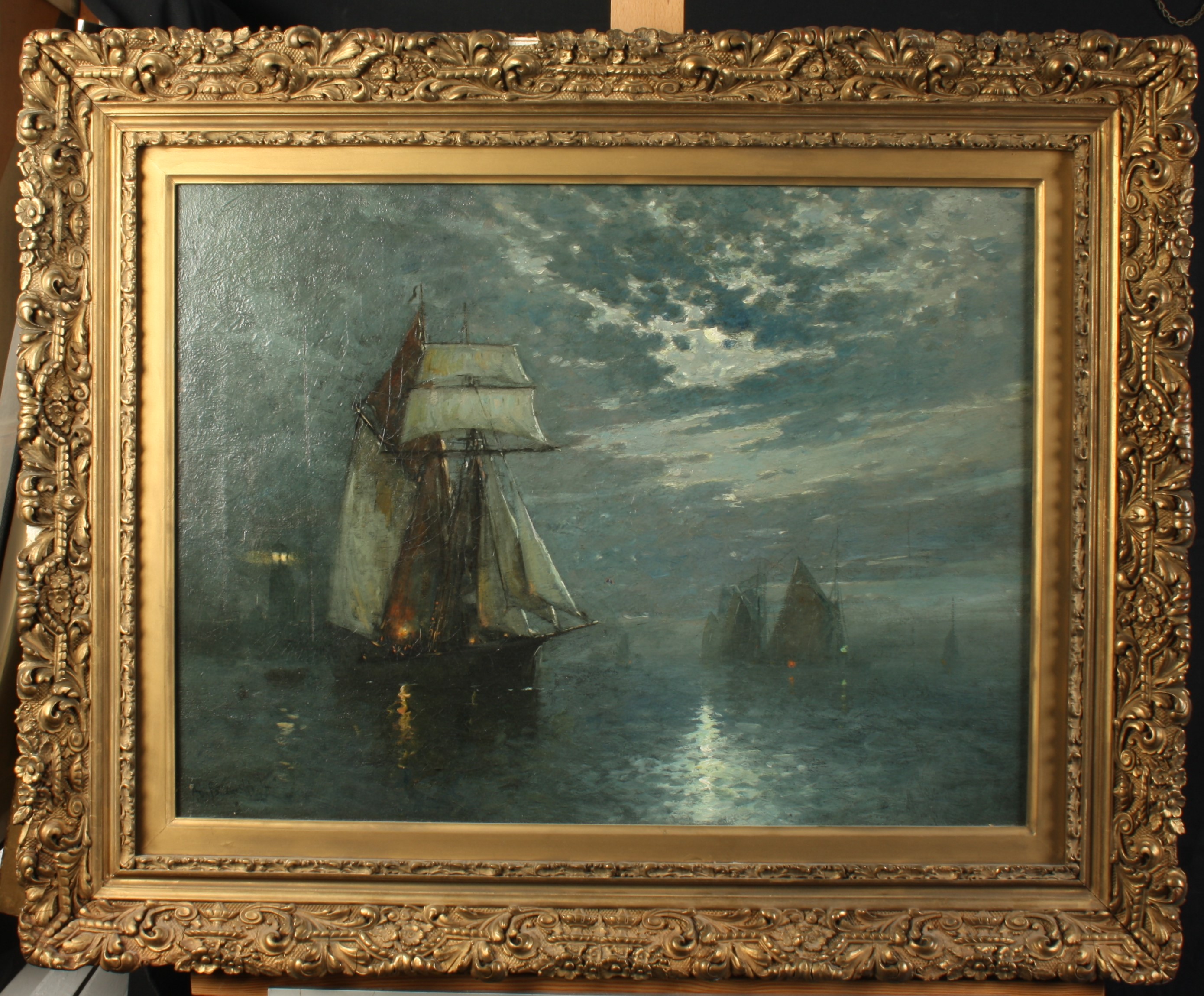 Alfred I DE BREANSKI (1852-1928) Moonlight, leaving the harbour Oil on canvas Signed, - Image 2 of 2