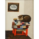 Brenda KING (1934) Cat on Cushions Oil on board Signed and dated '83 Inscribed to the back 19 x 13.