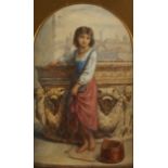 Jules BOUVIER (1800-1867) Girl at a well-head Watercolour Signed 49 x 30 cm