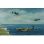 Geoff SHAW (1892-1970) Two Spitfires and one Messerschmitt Oil on canvas board Signed 50 x 80 cm