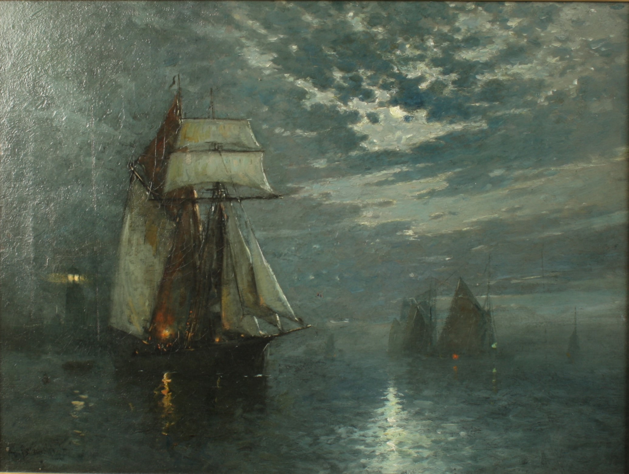 Alfred I DE BREANSKI (1852-1928) Moonlight, leaving the harbour Oil on canvas Signed,