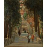 Reginald George JENNINGS (1872-1930) Figures on tree lined stone steps in a Continental town Oil on