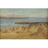 Harbour and corn stooks Oil on board Indistinctly monogrammed Indistinctly inscribed to the back 19