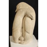 Theresa GILDER Penguin embrace Portland Stone Sculpture Initialled T.G.