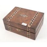 A Victorian walnut work box, inlaid with mother of pearl, complete with fitted tray, height 13cm,