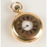 An 18ct gold half hunter cased small keyless fob watch.