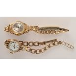 A lady's 9ct gold cased watch on gold bracelet, one other lady's watch.