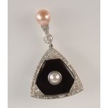 A good 1920s diamond and platinum brooch with central pearl set onyx panel and with pearl and