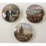 Three Pratt ware pot lids, 'Albert Memorial', 'The Late Prince Consort' and 'Harbour of Hong Kong'.